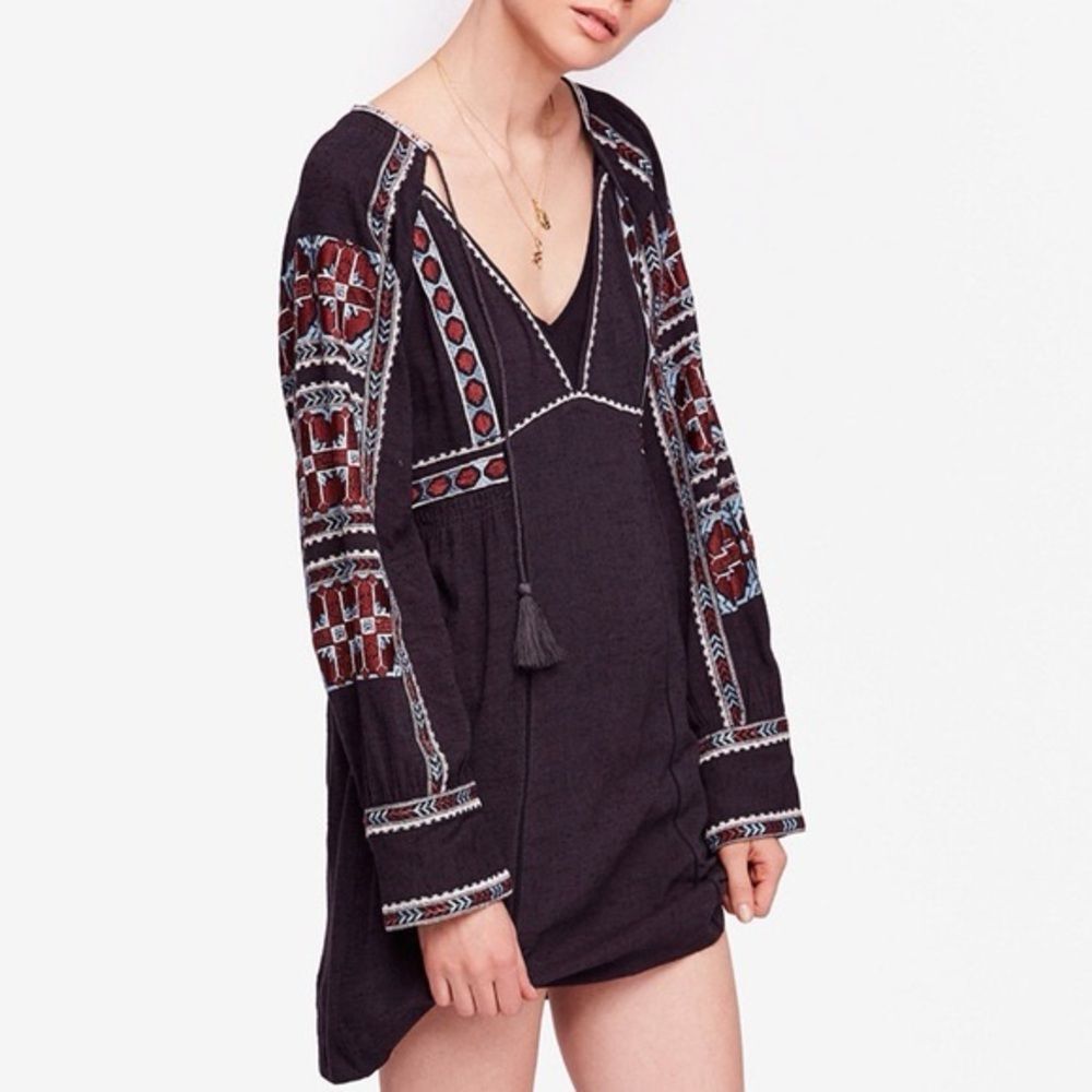 Free People Sz Medium All My Life Embroidered Mini Tunic Dress Boho Festival